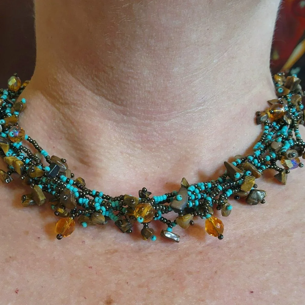 Artisan Turquoise Amber Tiger Eye 6 Strand Beaded Statement Collar Necklace